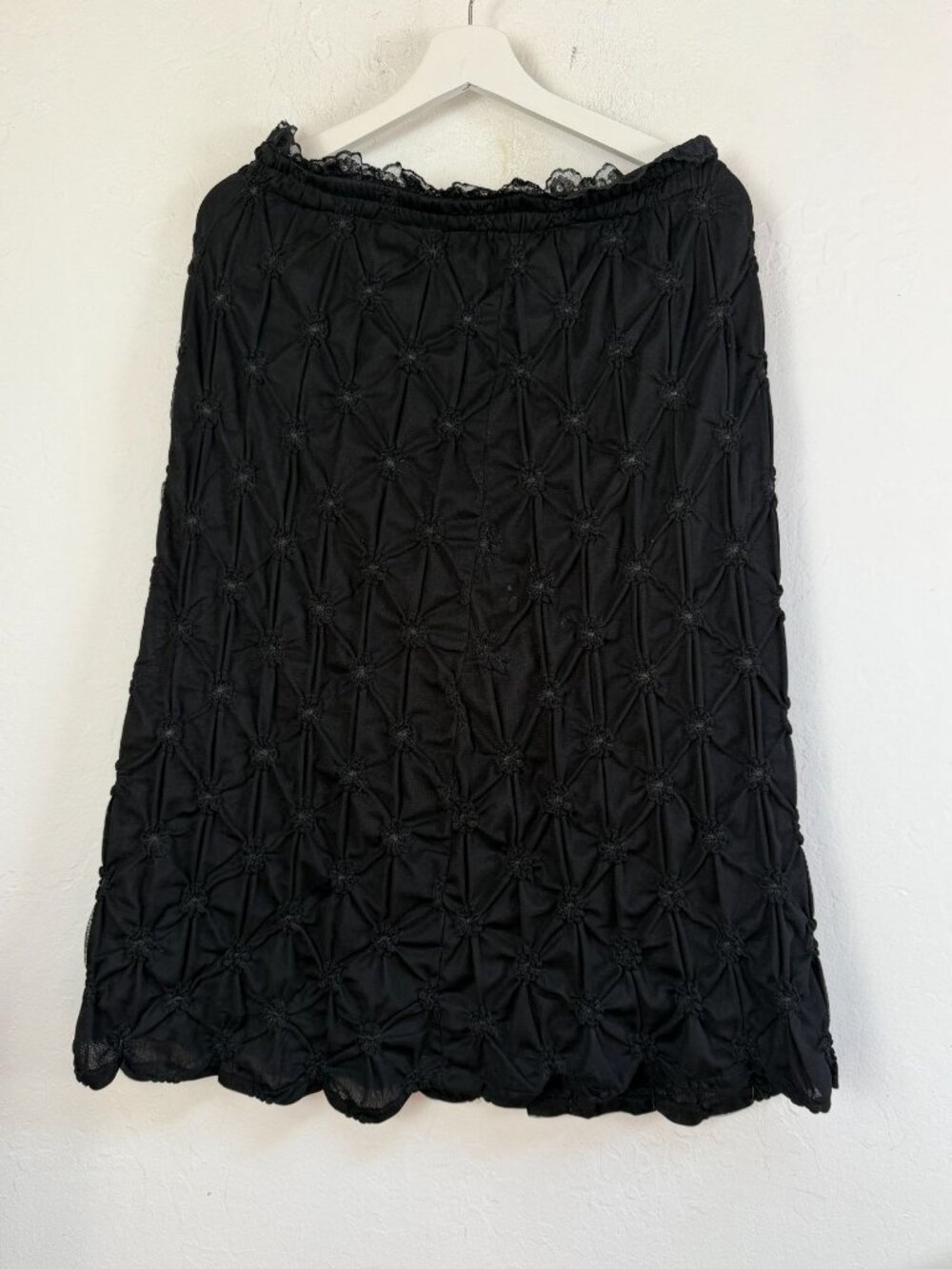 Pretty Angel Women Black Smocked Shirred Taffeta Midi Skirt Large Lace Trim Goth